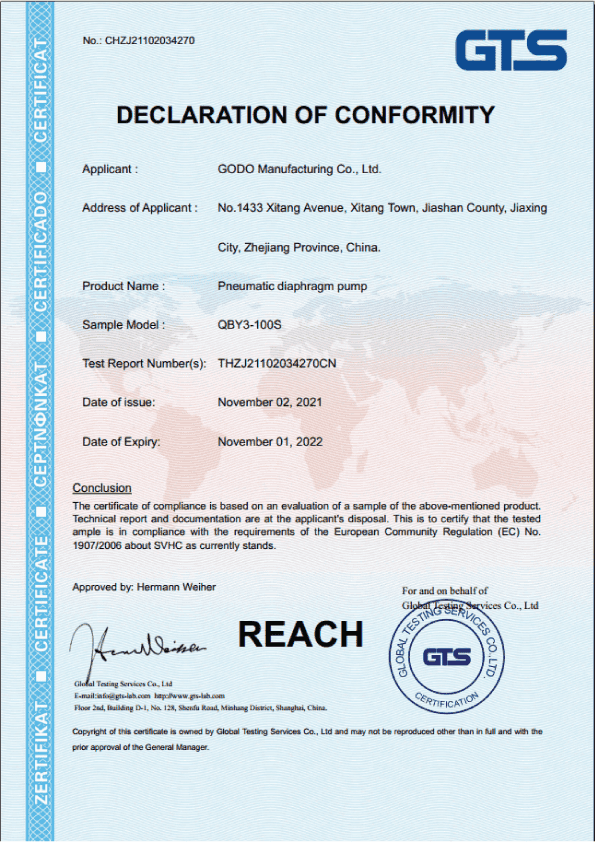 Chứng nhận REACH sản phẩm QBY3-100 Nhựa PP