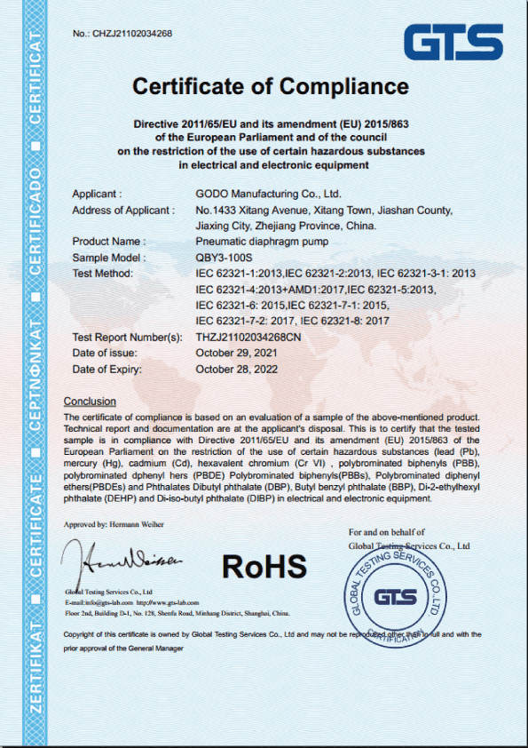 Chứng nhận RoHS sản phẩm QBY3-100 Nhựa PP