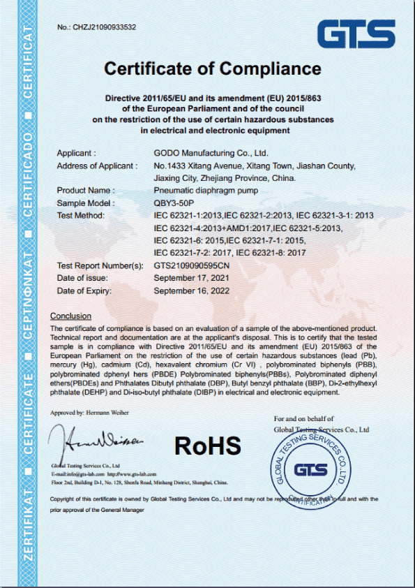 Chứng nhận RoHS sản phẩm QBY3-50 inox