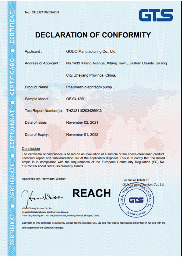 Chứng nhận REACH sản phẩm QBY3-125L