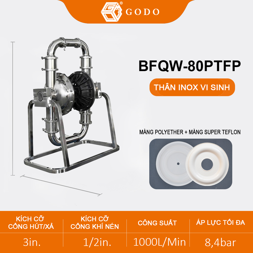 Bơm màng thực phẩm khí nén GODO BFQW-80PTFP Bơm màng thực phẩm khí nén GODO BFQW-80PTFP